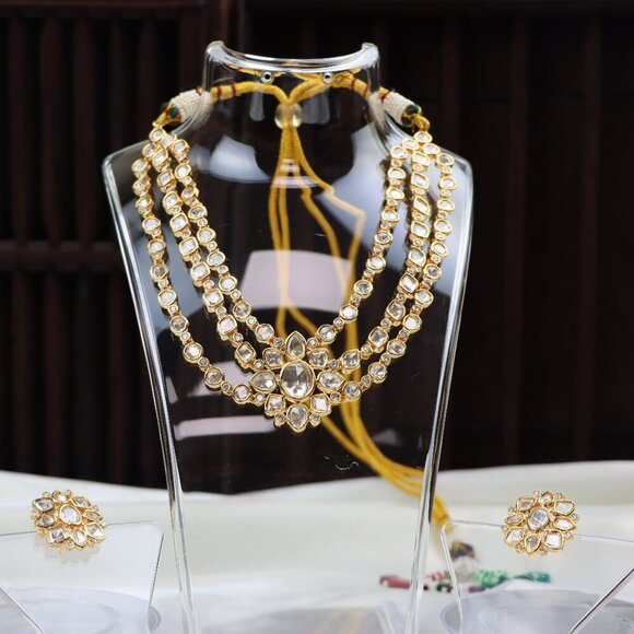 Regal Triple-Layer Kundan Necklace & Earrings Set, JP34 - Picture 1 of 10